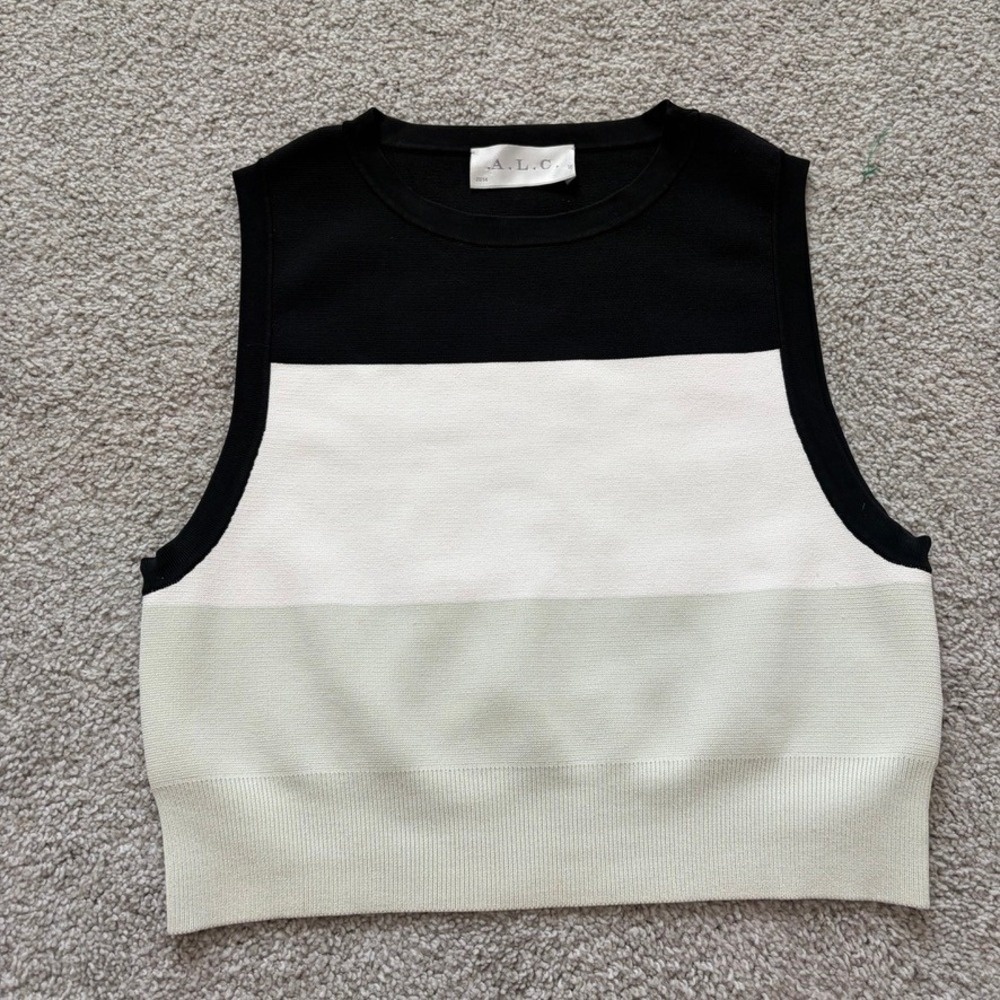 A.L.C. Crop Tank Womens L Black White Green Stripe Colorblock Minimalist Luxury